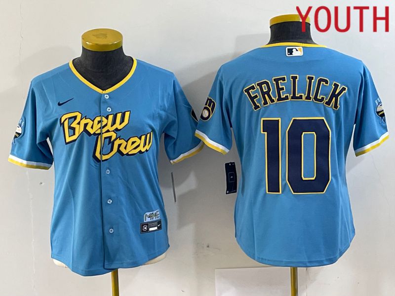 Youth Milwaukee Brewers #10 Frelick Blue City Edition 2024 Nike MLB Jersey style 1->youth mlb jersey->Youth Jersey